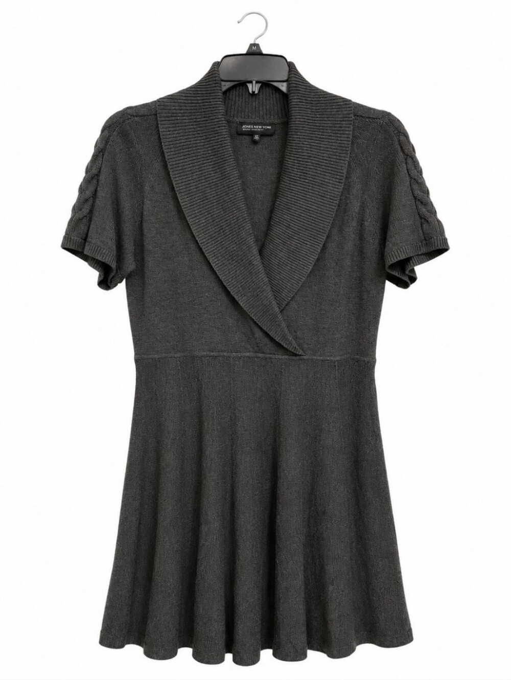 Jones New York Women's Size 3X Charcoal Shawl-Collar Knit Pleated Midi Dress